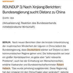 WIRTSCHAFT ROUNDUP 3/Nach Xinjiang-Berichten: Bundesregierung sucht Distanz zu China